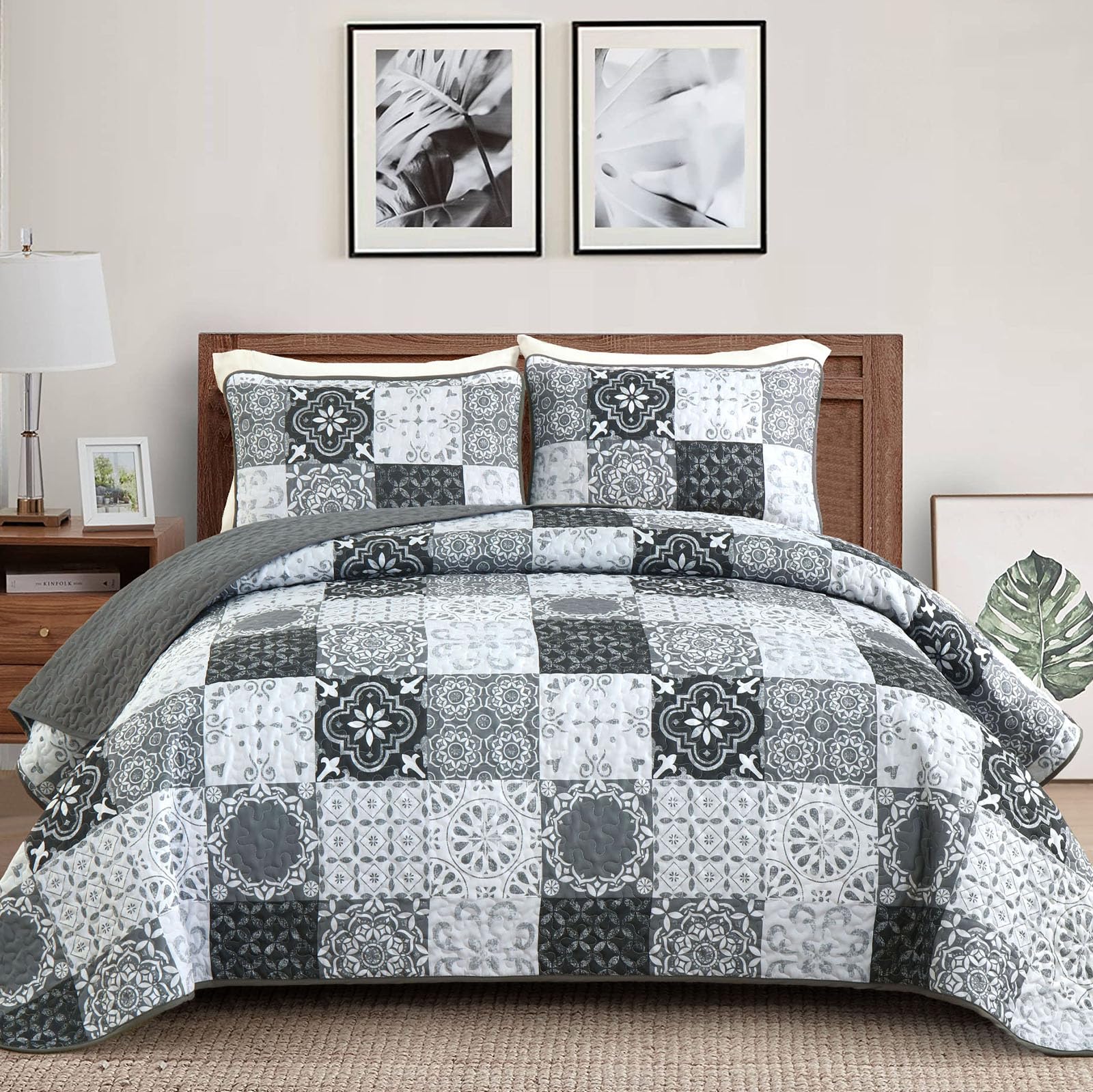 Dobuyly Grey Black Quilt Set Queen Size, Boho Plaid Patchwork Bedspreads Coverlet Set, 3 Pieces Soft Lightweight Microfiber Farm